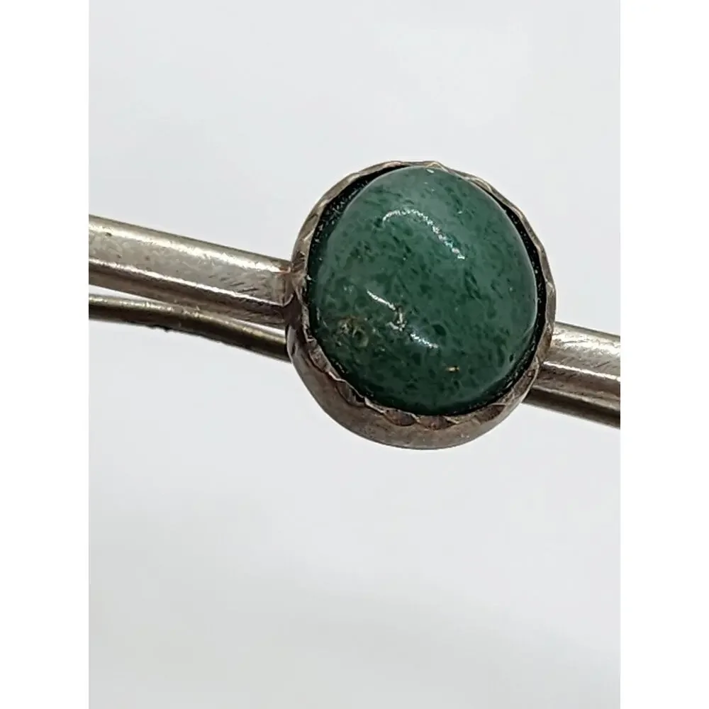 Antique Long Bar Brooch Pin Sterling Silver Jade Cabochon Tie Suite Collar Hat